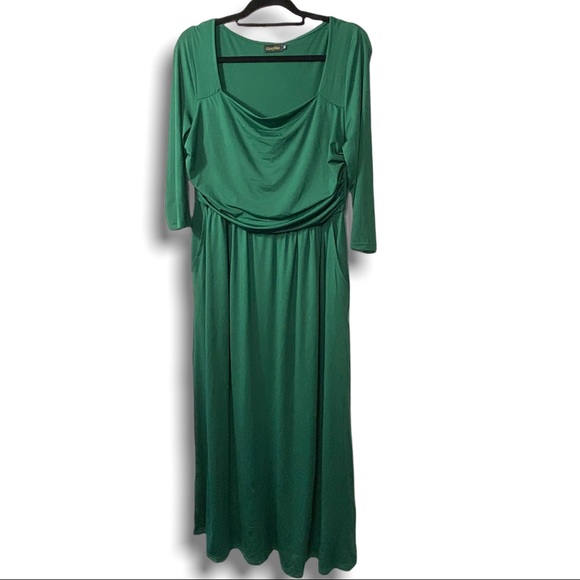 *NWT green pleated slimming dress 3 qtr sleeves draping long size XL formal work - Picture 2 of 5